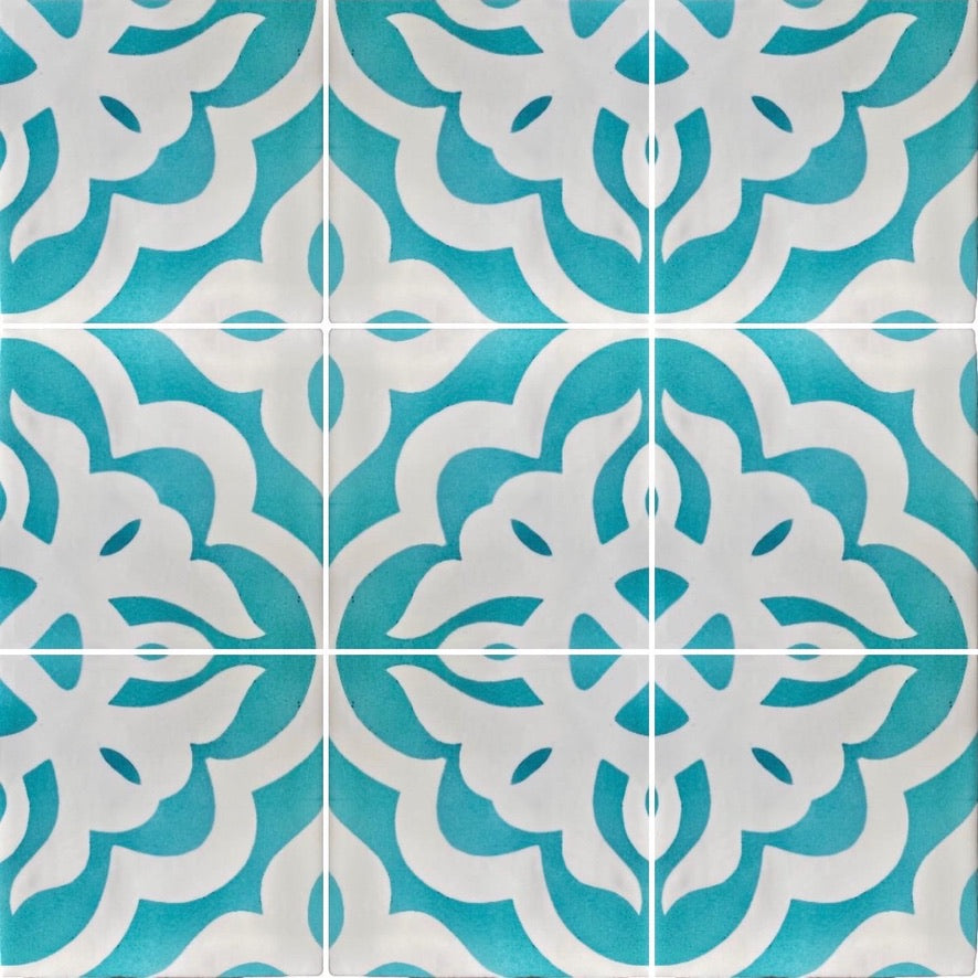 Isla turquoise glazed ceramic wall tile, luxury handmade Moroccan-inspired pattern, premium UK-crafted decorative tile by Maria Starling Design at brixbailey.com
