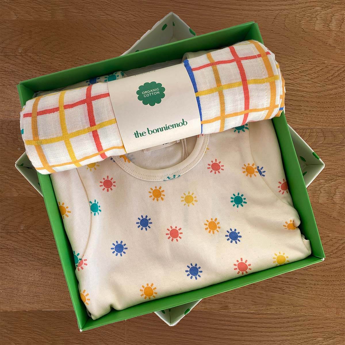 Organic Cotton Rainbow Baby Playsuit &amp; Muslin Swaddle Blanket Gift Box