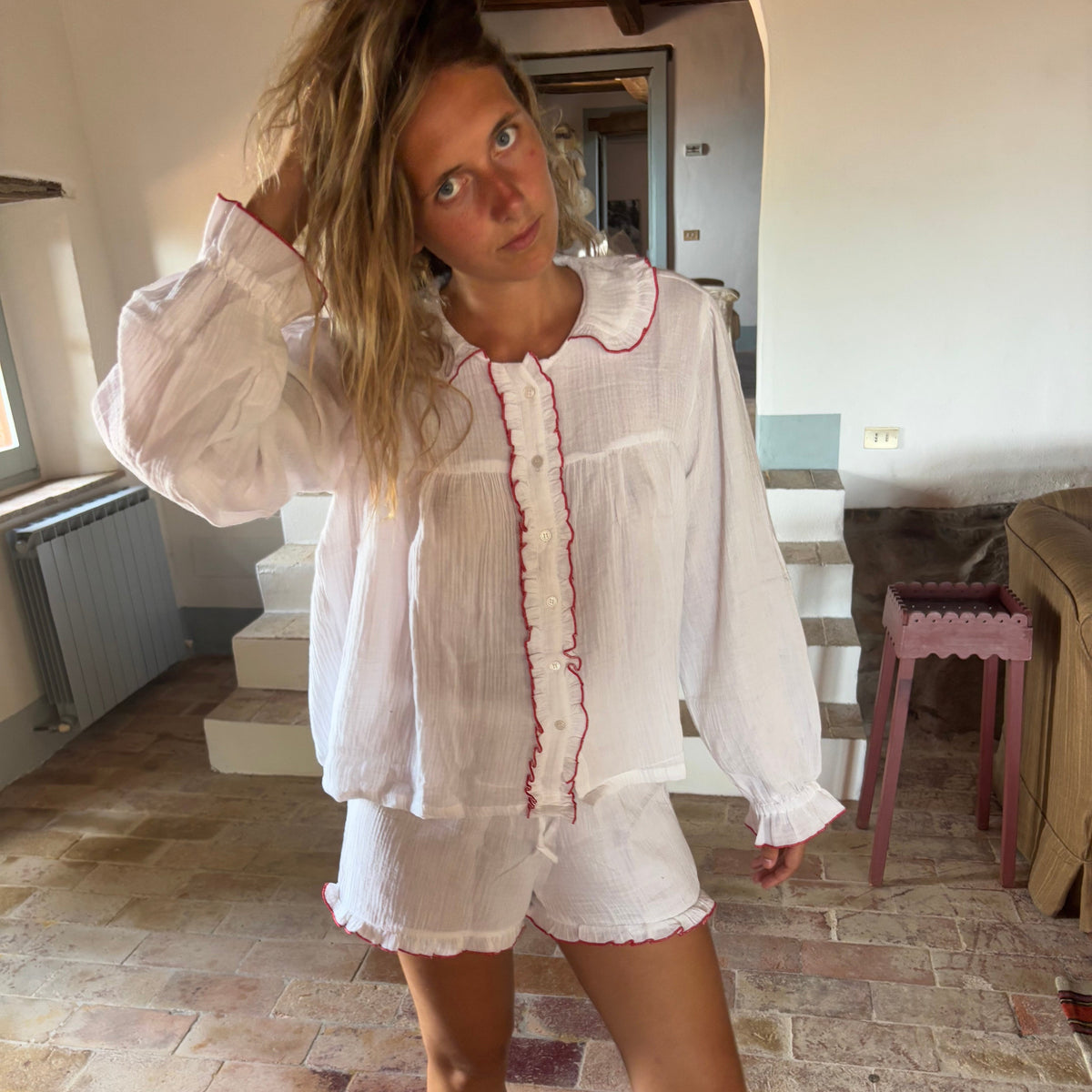 Red Ruffle Short Muslin Pyjamas