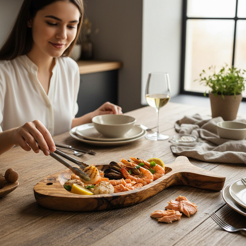 Olive Wood Fish Shaped Serving Board | Large Seafood &amp; Tapas Platter 35-45cm