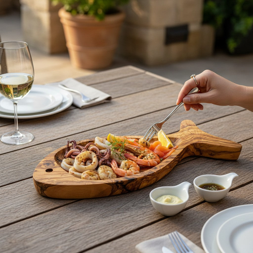 Olive Wood Fish Shaped Serving Board | Large Seafood &amp; Tapas Platter 35-45cm