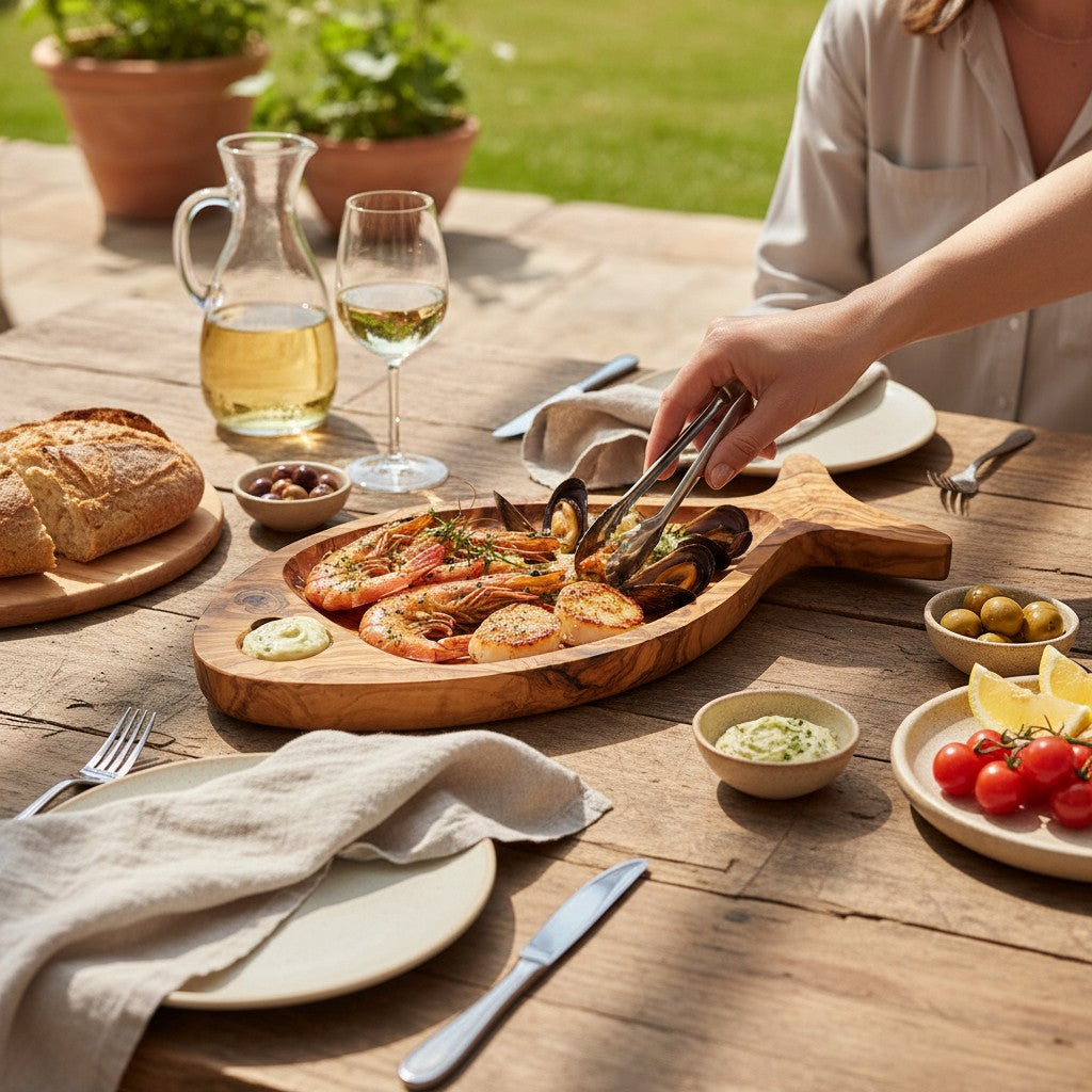 Olive Wood Fish Shaped Serving Board | Large Seafood &amp; Tapas Platter 35-45cm