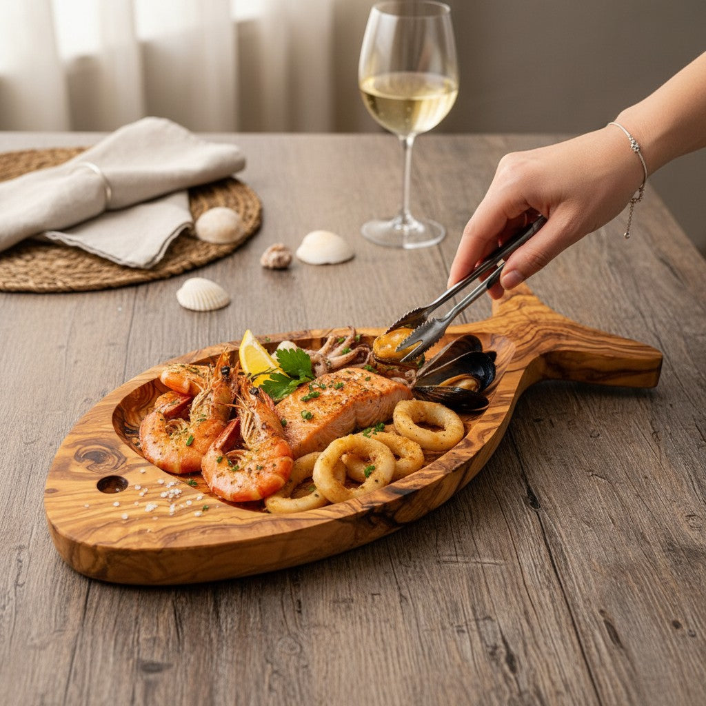 Olive Wood Fish Shaped Serving Board | Large Seafood &amp; Tapas Platter 35-45cm