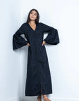 Luxury black upcycled cotton Mitsy applique dress with bell sleeves, handcrafted embroidery, limited edition sustainable fashion by Bethikal at brixbailey.com