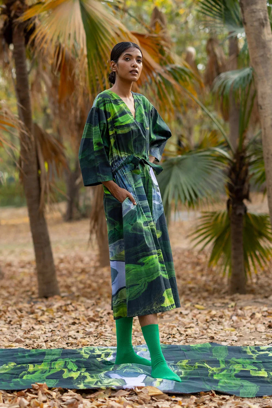 Luxury oversized green printed dress, sustainable upcycled cotton, handcrafted one-of-a-kind, drawstring waist, side pockets, long length by Bethikal at brixbailey.com