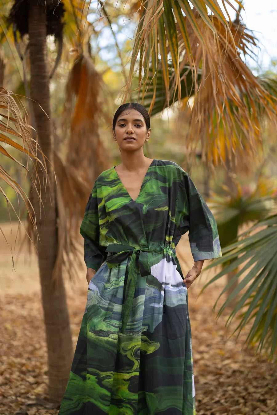 Premium oversized green printed dress, sustainable upcycled cotton, drawstring waist, side pockets, long length, ethically made in India, limited edition by Bethikal at brixbailey.com