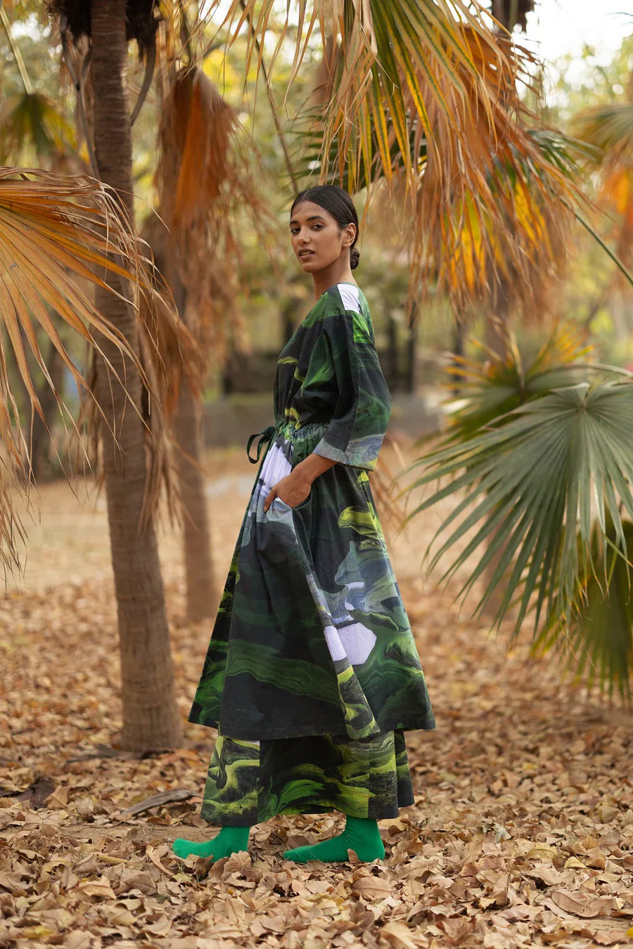 Luxury oversized printed green dress, sustainable upcycled cotton, drawstring waist, side pockets, long length, ethically made in India, limited edition by Bethikal at brixbailey.com