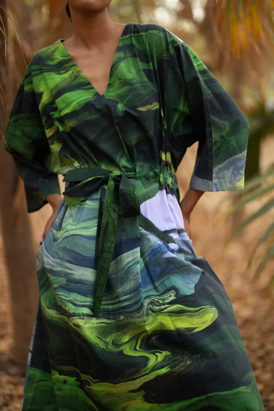 Luxury oversized printed green dress, sustainable upcycled cotton, handcrafted one-of-a-kind, long length, drawstring waist, side pockets by Bethikal at brixbailey.com