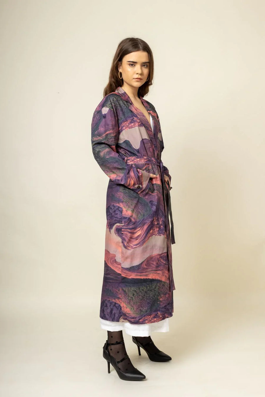Luxury Amelia printed trench coat, stylish premium outerwear, best-selling trending fashion by Bethikal at brixbailey.com
