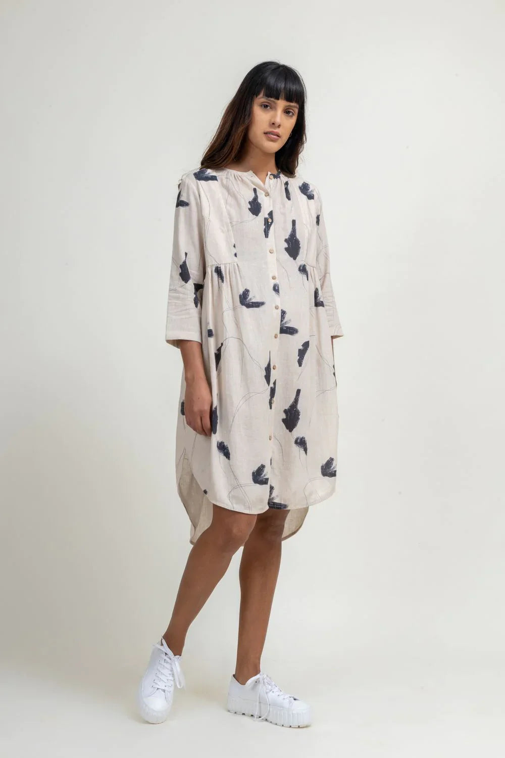 Luxury Naomi printed tunic, upcycled cotton linen, handcrafted patchwork, cream printed, fitted chest with flared bottom, fair trade made in India by Bethikal at brixbailey.com