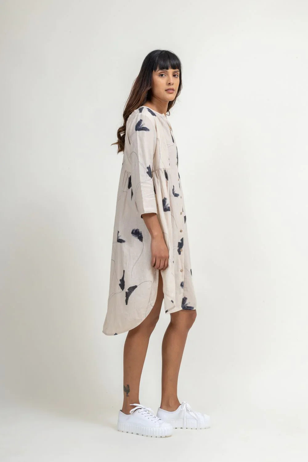 Luxury Naomi printed tunic, upcycled cotton linen, side paneled with subtle gathers, front button opening, fitted chest, flared bottom, cream printed by Bethikal at brixbailey.com