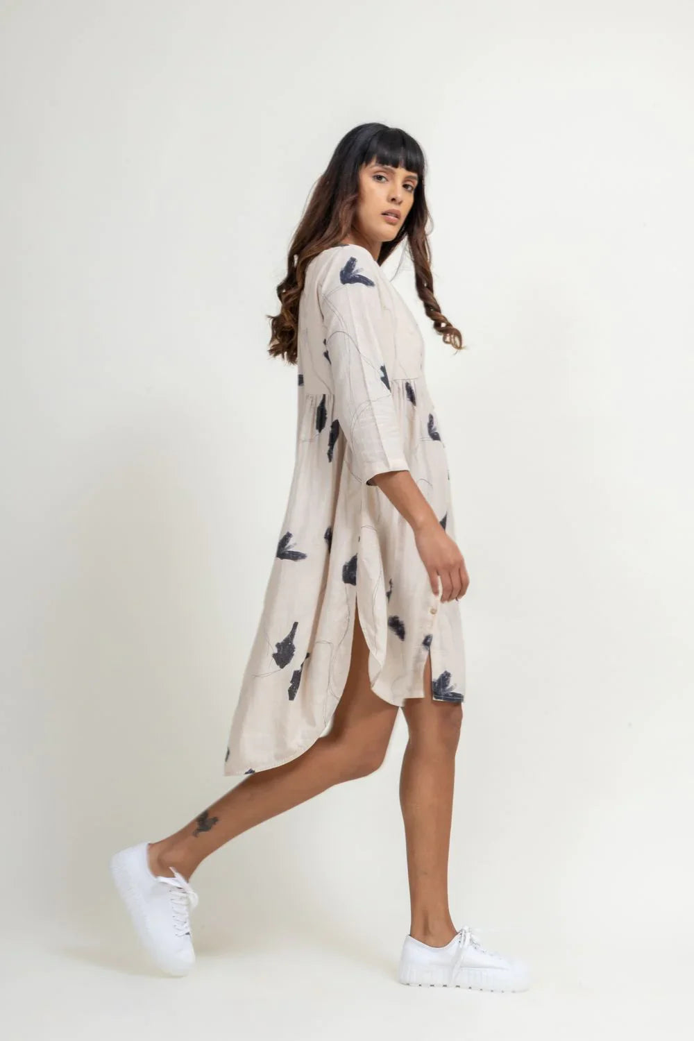 Luxury Naomi printed tunic, upcycled cotton linen, handcrafted patchwork, stylish side gathers, fitted chest with flared bottom, cream printed by Bethikal at brixbailey.com