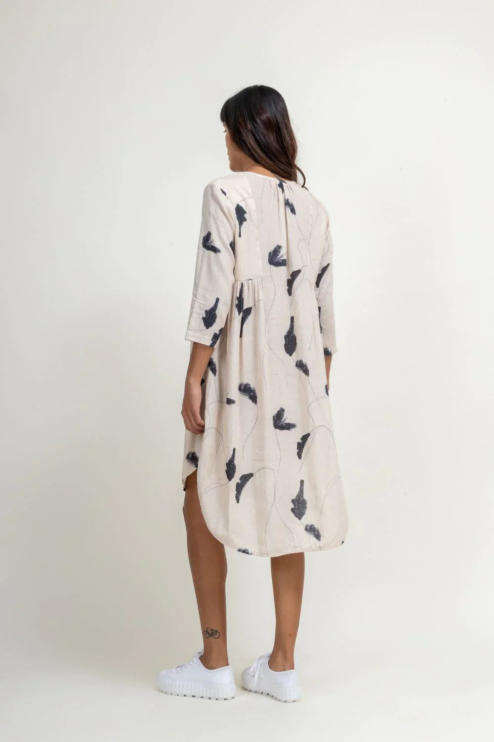 Luxury Naomi printed tunic, upcycled cotton linen, side paneled with gathers, cream printed, fair wage handmade in India by Bethikal at brixbailey.com