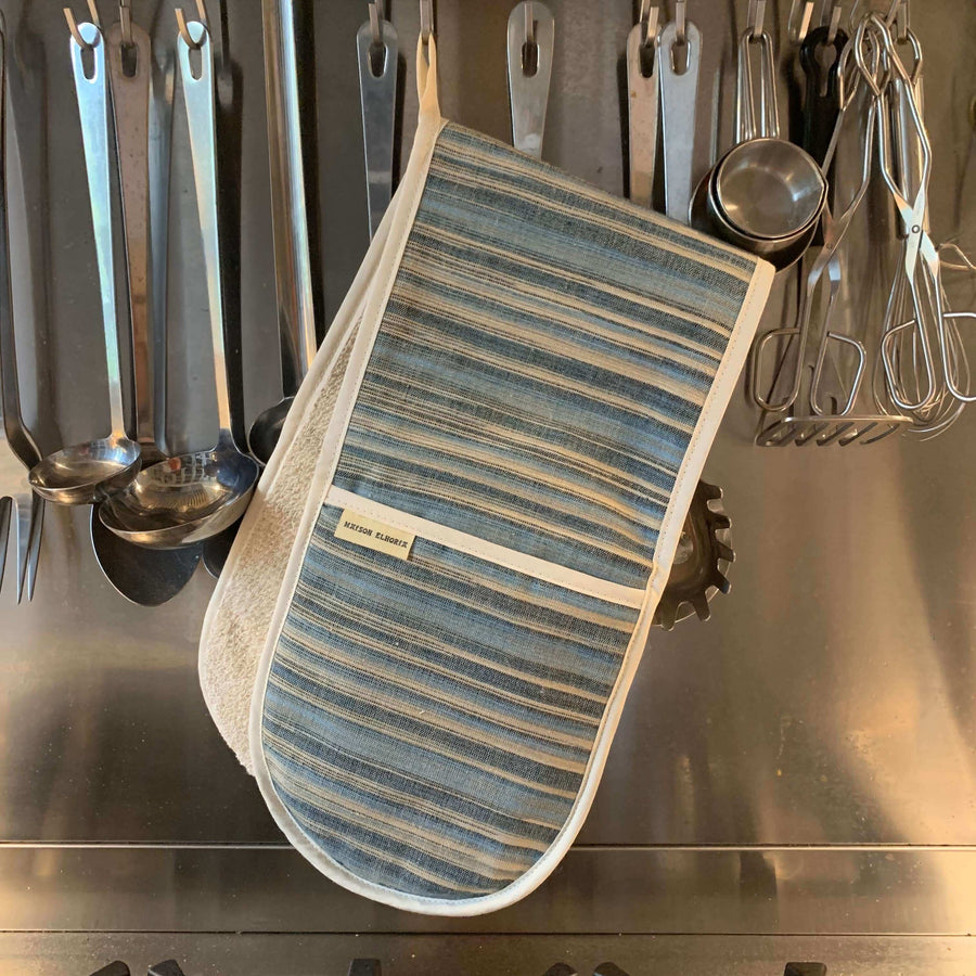 Luxury blue striped double oven glove, premium handwoven cotton, heat-resistant, stylish beach house design, best-selling kitchen essential by Maison Elhoria at brixbailey.com