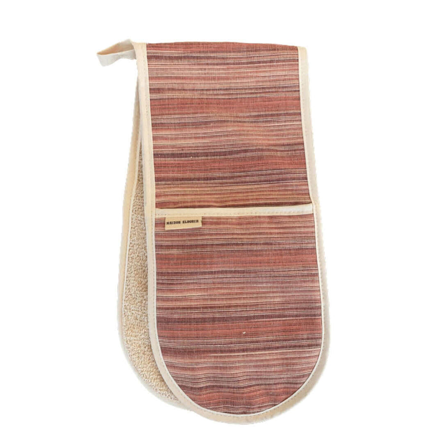 Luxury double oven glove in red and sandy cream stripes, premium handwoven cotton, limited edition, earthy cottage style by Maison Elhoria at brixbailey.com