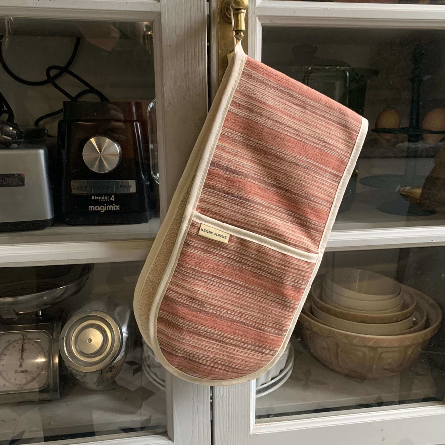 Luxury handwoven striped double oven glove in red and sandy cream, premium cotton, limited edition, British made, heat-resistant by Maison Elhoria at brixbailey.com