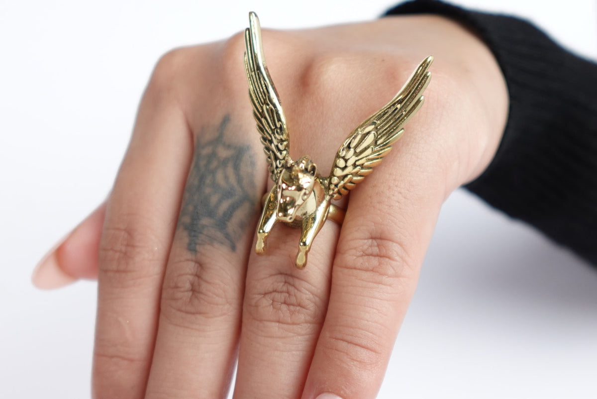 Gold/Silver Brass Pegasus Unicorn Statement Ring – Adjustable Ring