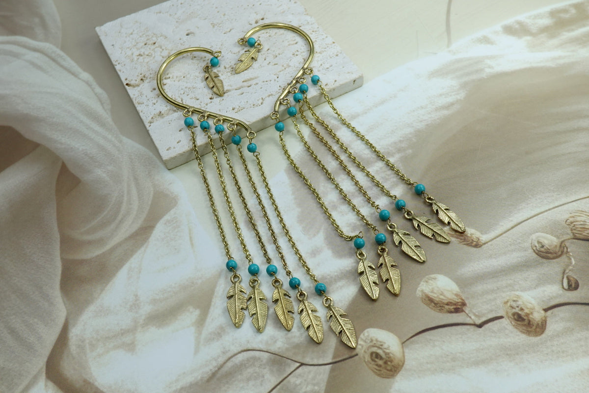 Boho Feather Chain Ear Cuff Earrings – Brass/Silver Statement Earrings