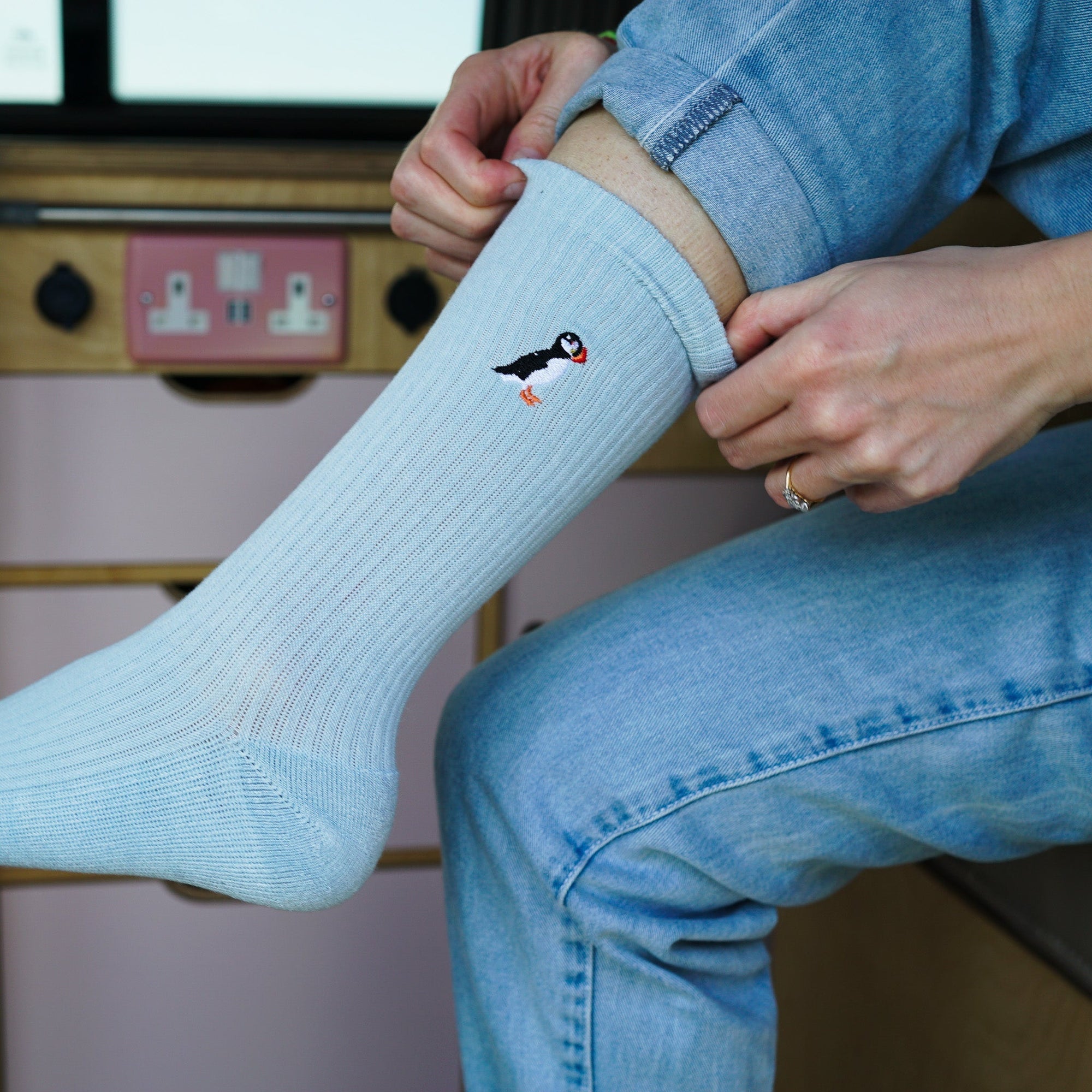 Save the Puffin Ribbed Bamboo Socks in Blue