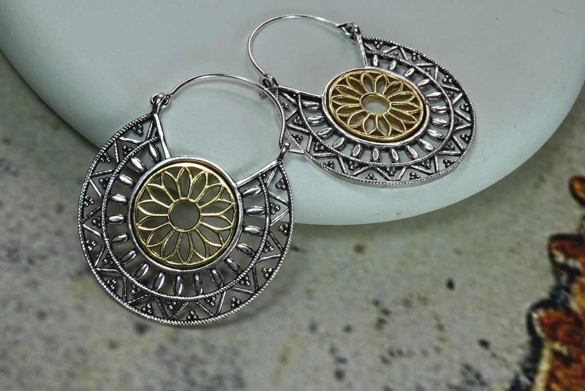 Dual Tone Mandala Brass Earrings – Boho Geometric Statement Earrings