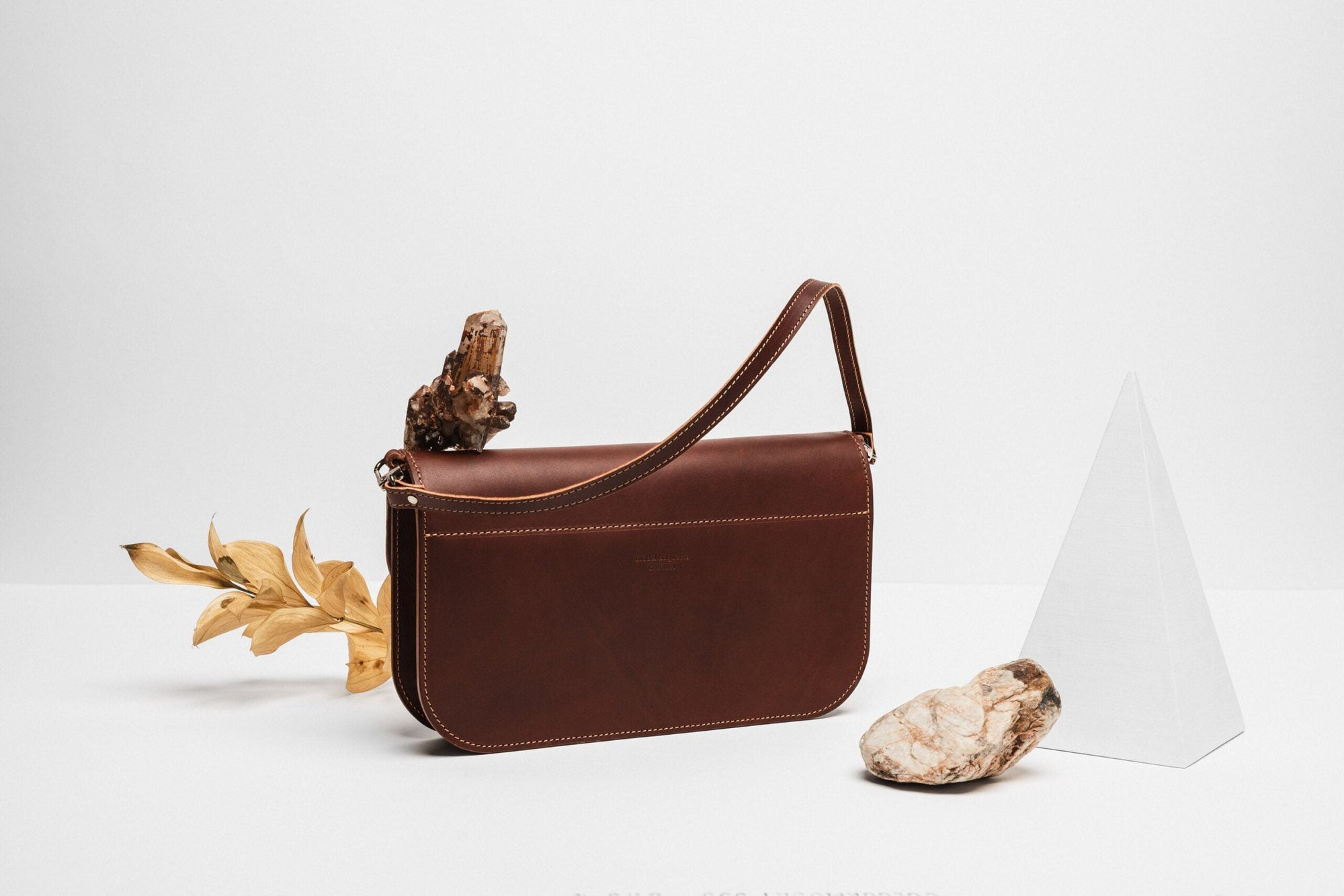 Leather Baguette Style Handbag in Cognac with Two Straps