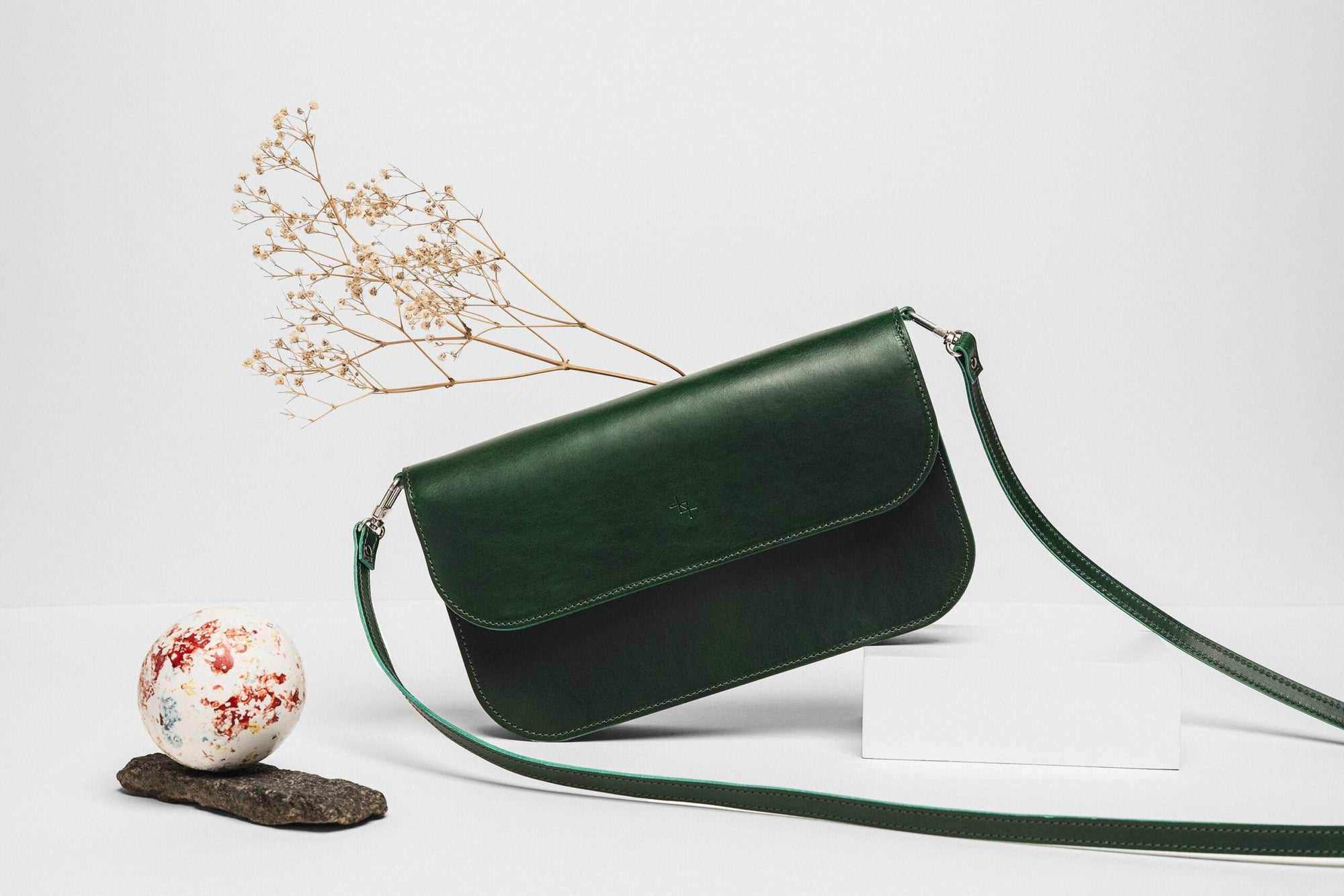 Leather Baguette Handbag with Two Straps in Moss