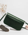 Leather Baguette Handbag with Two Straps in Moss