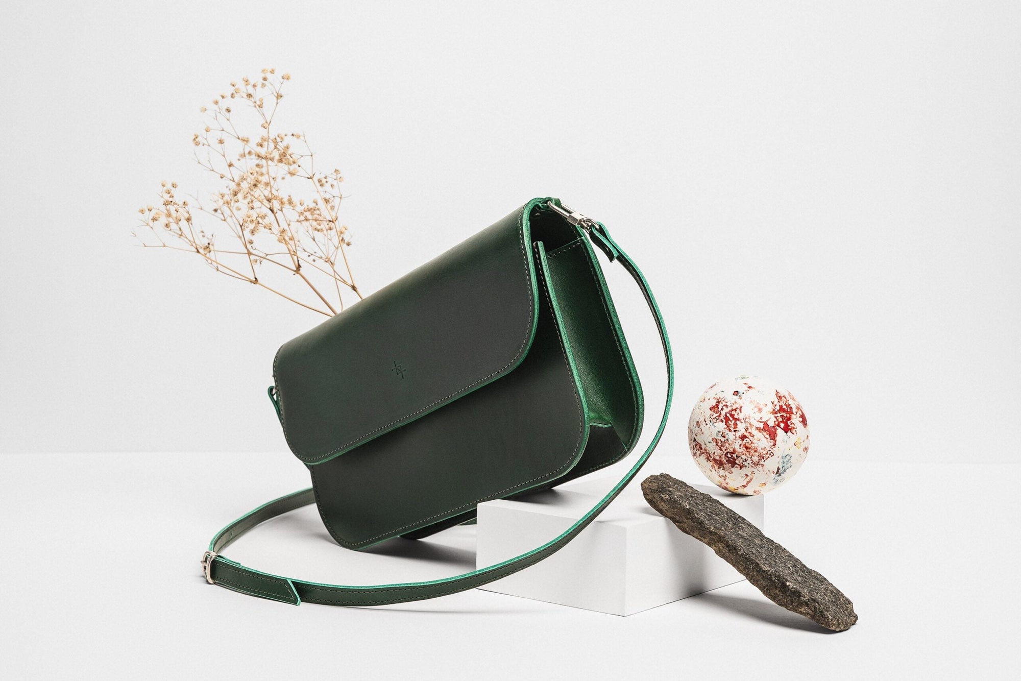 Leather Baguette Handbag with Two Straps in Moss