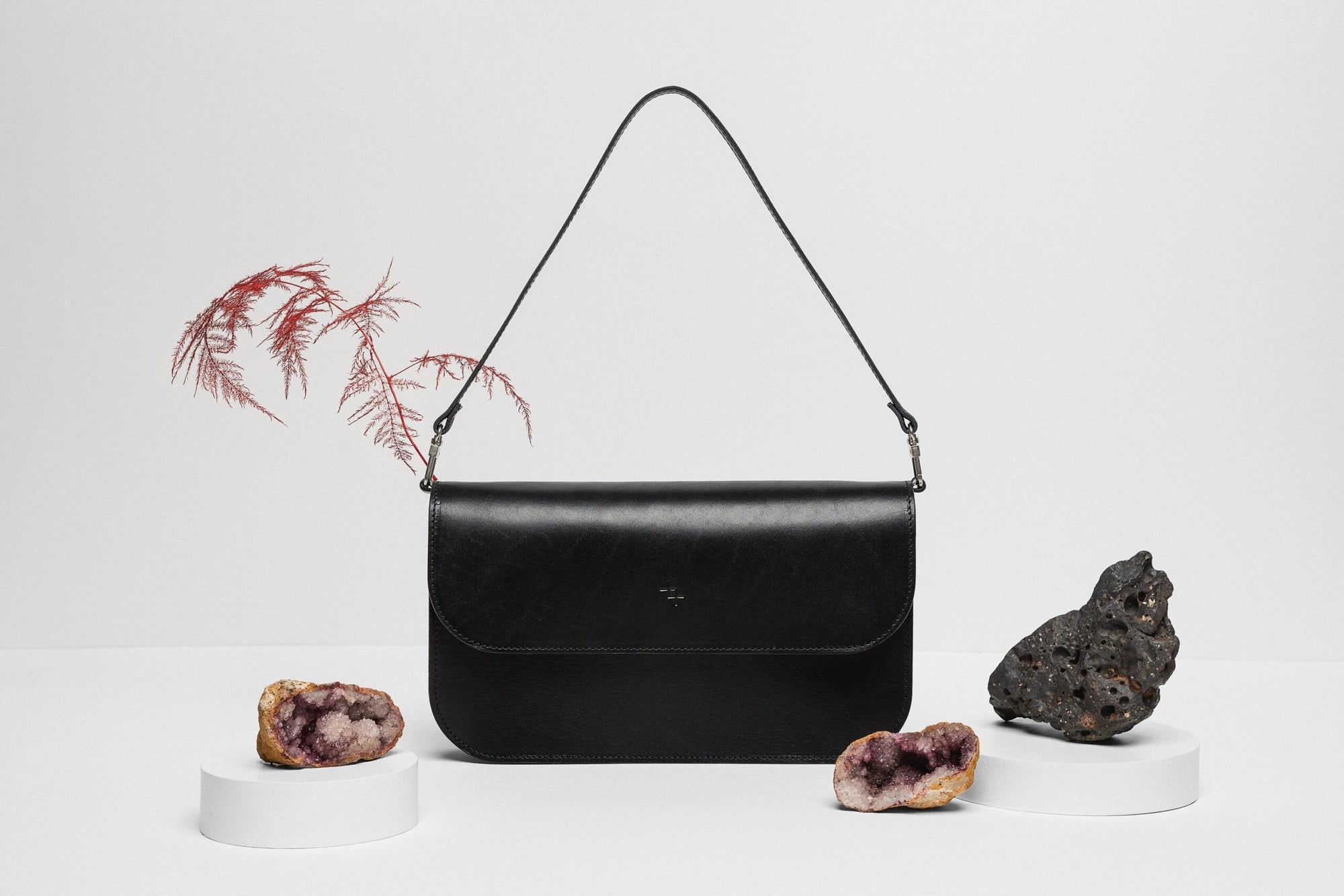 Black Leather Baguette Bag with Two Straps