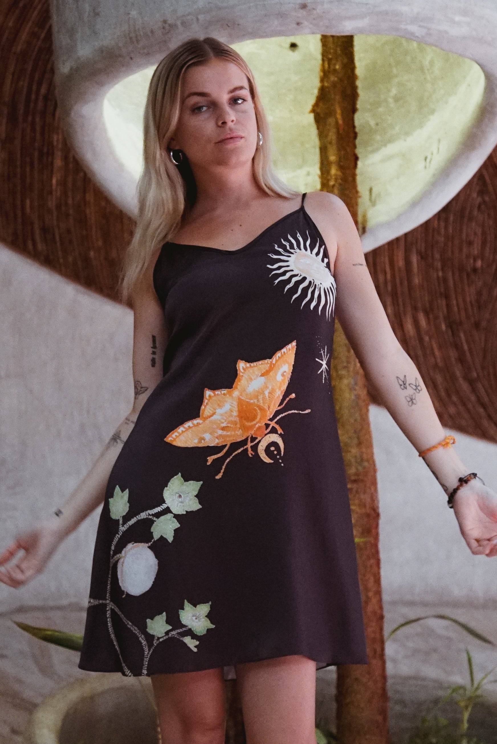Vela Silk Slip Dress in Black Jungle Butterfly