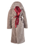 Oversized Woolen Coat with Maroon Silk Lining - Beige