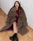 Oversized Woolen Coat with Maroon Silk Lining - Beige