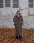 Oversized Woolen Coat with Maroon Silk Lining - Beige