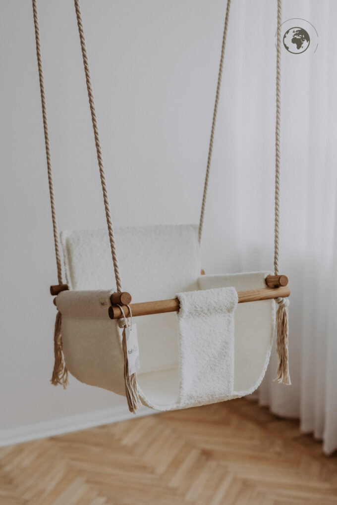 Eco-Friendly Baby Swing in Recycled Bouclé – Safe &amp; Stylish by Nofi KIDS at www.brixbailey.com