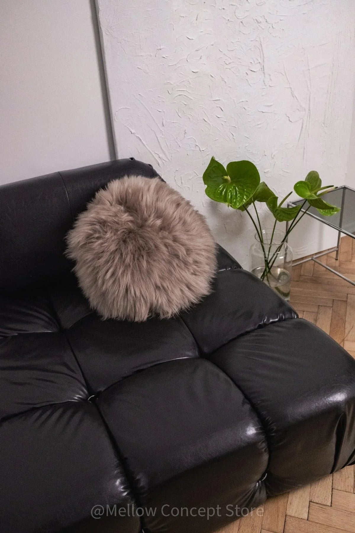 Round Natural Sheepskin Pillow - Greige