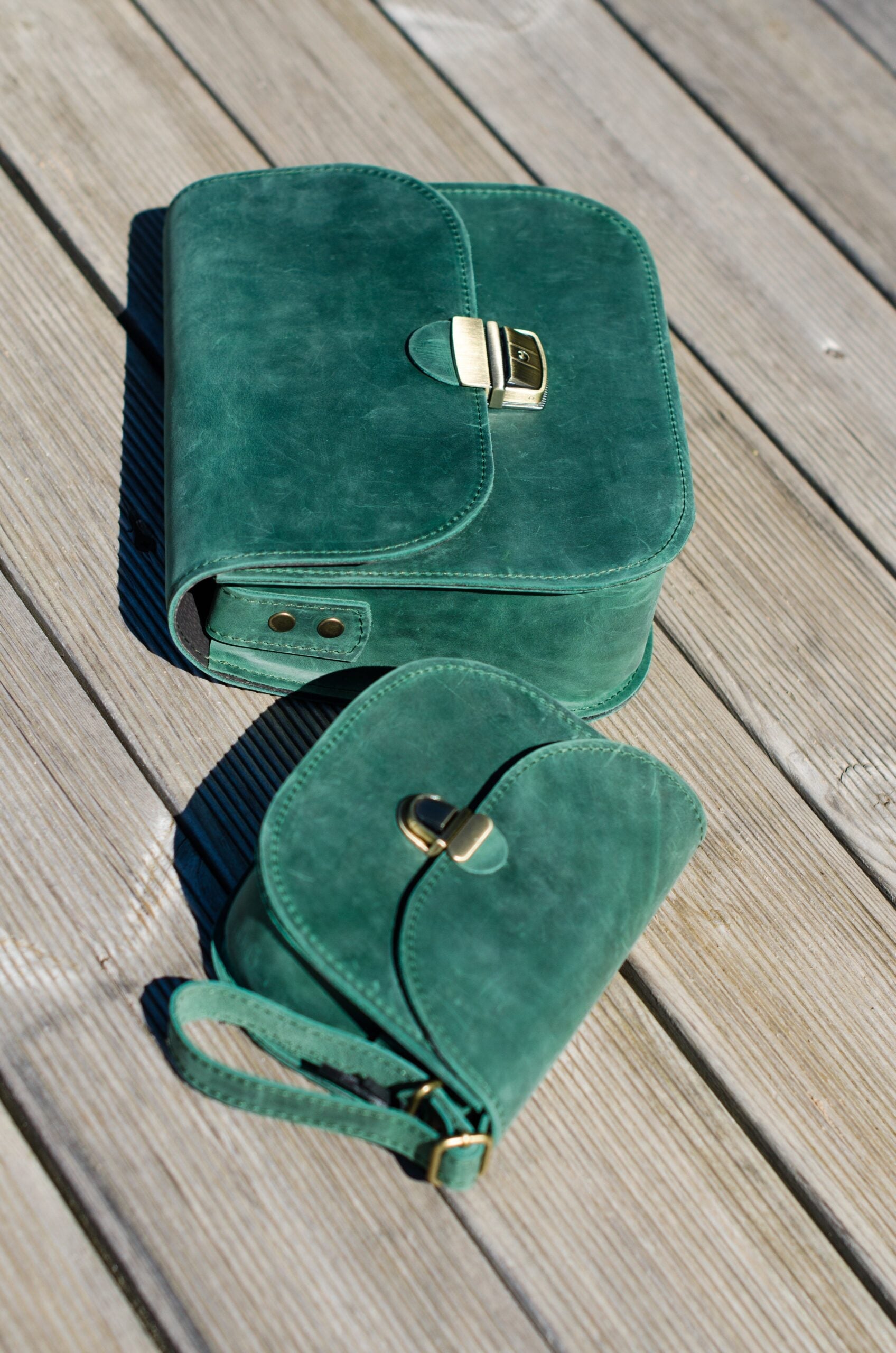 Large Natural Green Leather Saddle Bag