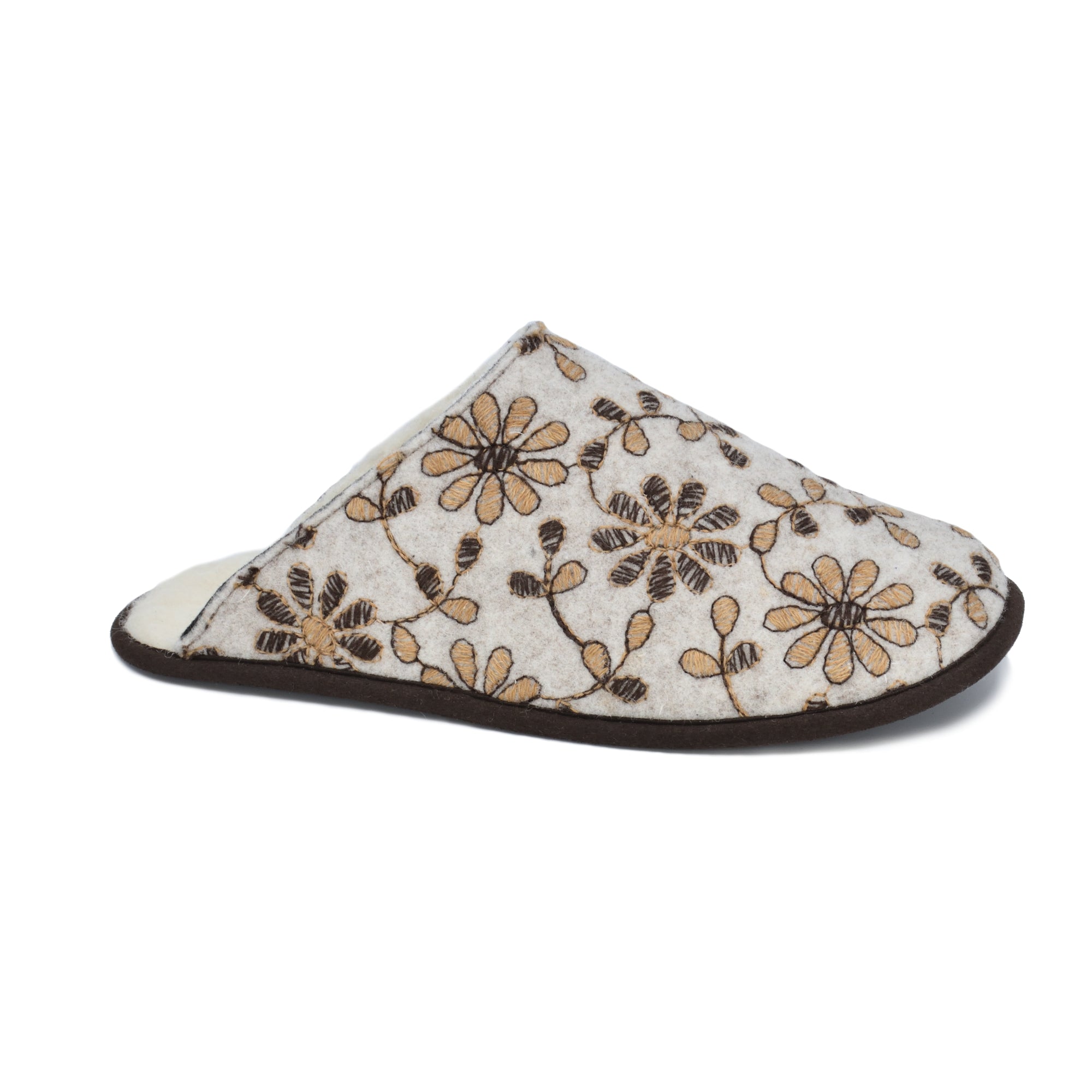 Floral Wool Felt Slippers with Natural Wool Lining