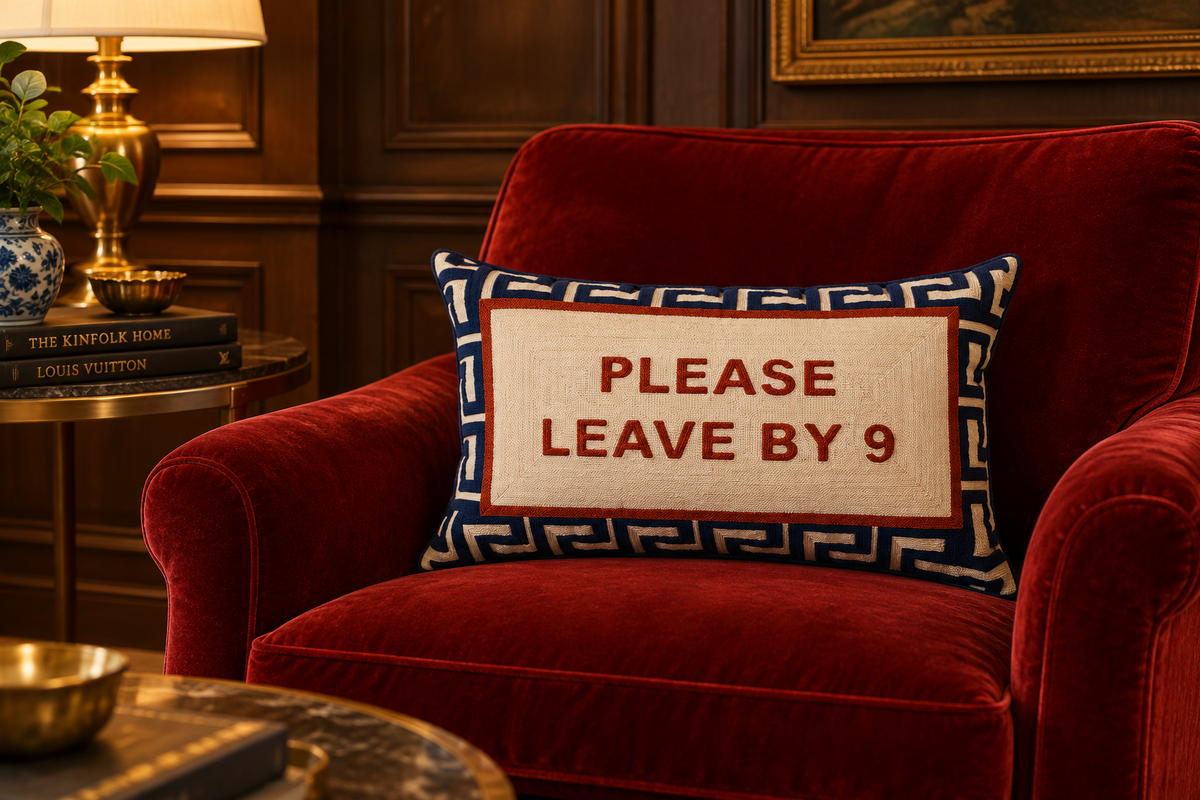 Please Leave By 9 Needlepoint Pillow