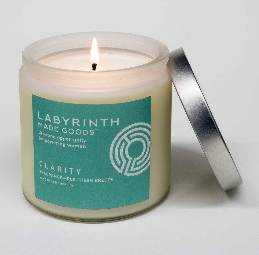 Fragrance-free unscented soy candle, premium handcrafted fresh breeze ambiance, allergy-friendly, 70-hour burn, frosted glass jar, best-selling by Labyrinth Made Goods at brixbailey.com