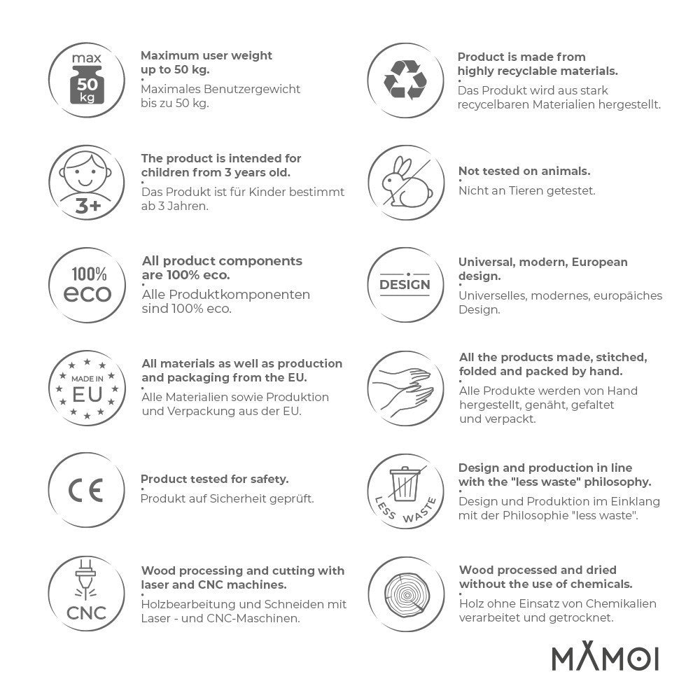 MAMOI® MAMOI® Pierścienie gimnastyczne trapez huśtawka 2 w 1 wielofunkcyjna z drewnianym drążkiem zawieszenia do 50 kg | 100% ECO | Wyprodukowano w UE-5