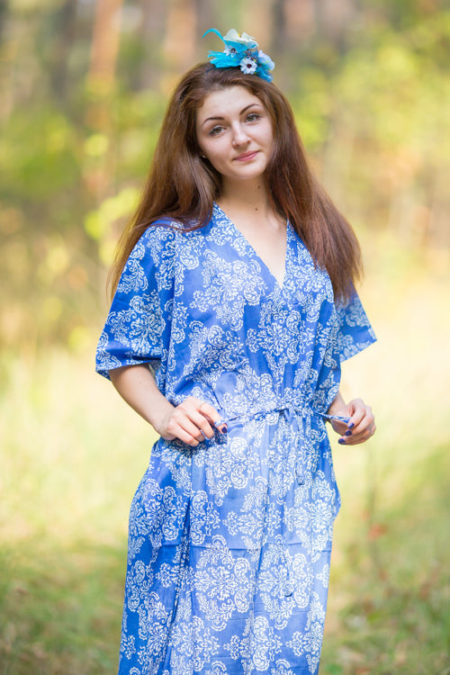Dark Blue The Drop-Waist Style Caftan in Damask Pattern-0