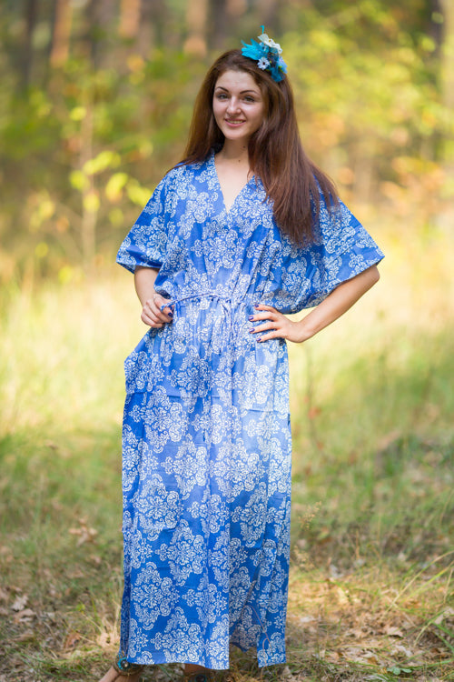 Dark Blue The Drop-Waist Style Caftan in Damask Pattern-1