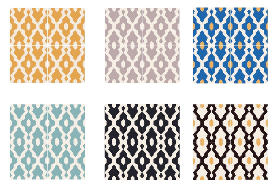 Luxury Moroccan cement tiles, blue yellow cream pattern, handcrafted SOUK design, premium floor and wall tiles, exotic interior decor by Maria Starling Design at brixbailey.com