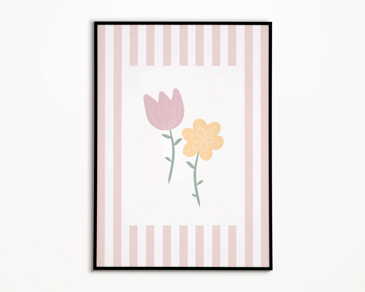 Flowers Print - Dusky Pink Stripes