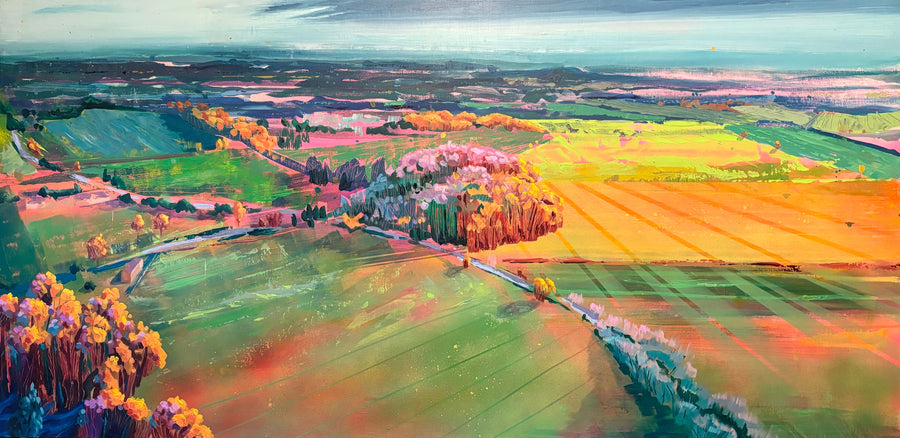 Boxfields at Dawn luxury fine art giclee print, premium large-scale contemporary landscape artwork, Wiltshire countryside, limited edition, hand-signed by Michael Sutherland Art at brixbailey.com