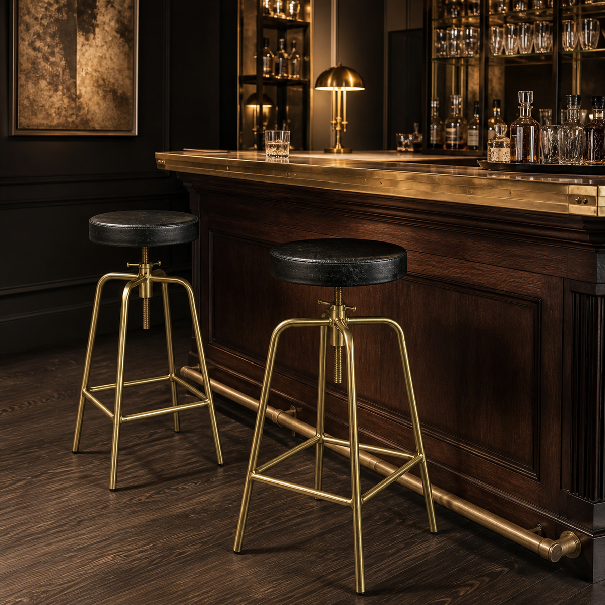 Antique Brass &amp; Black Leather Adjustable Bar Stool