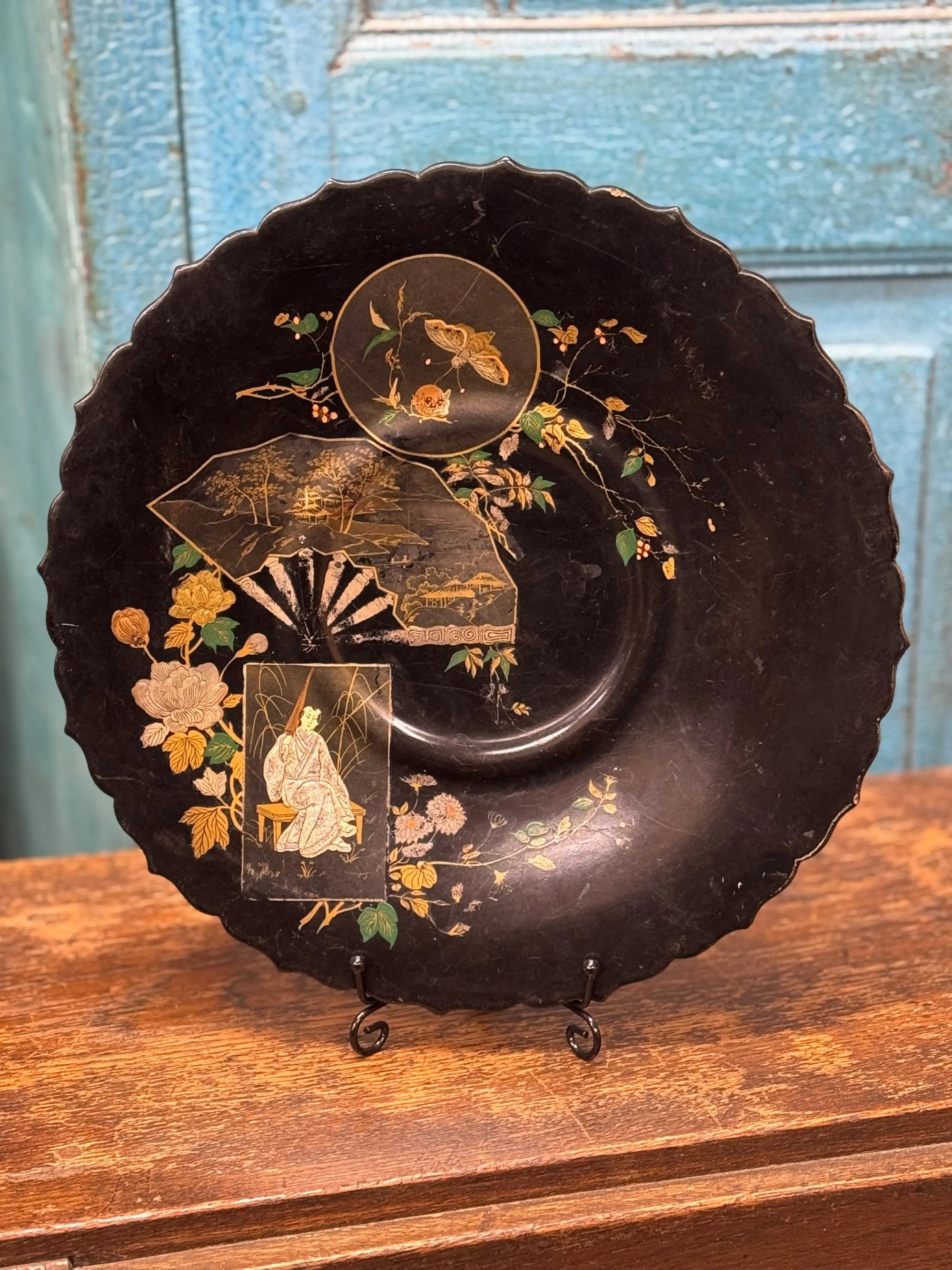 Antique 19th.C Papier-Mâché Lacquered Chinese Tray Plate Bowl / Chinoiserie C