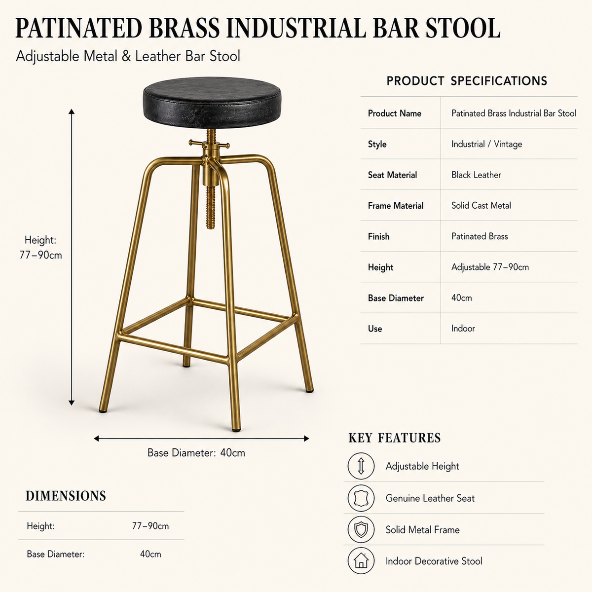 Antique Brass &amp; Black Leather Adjustable Bar Stool