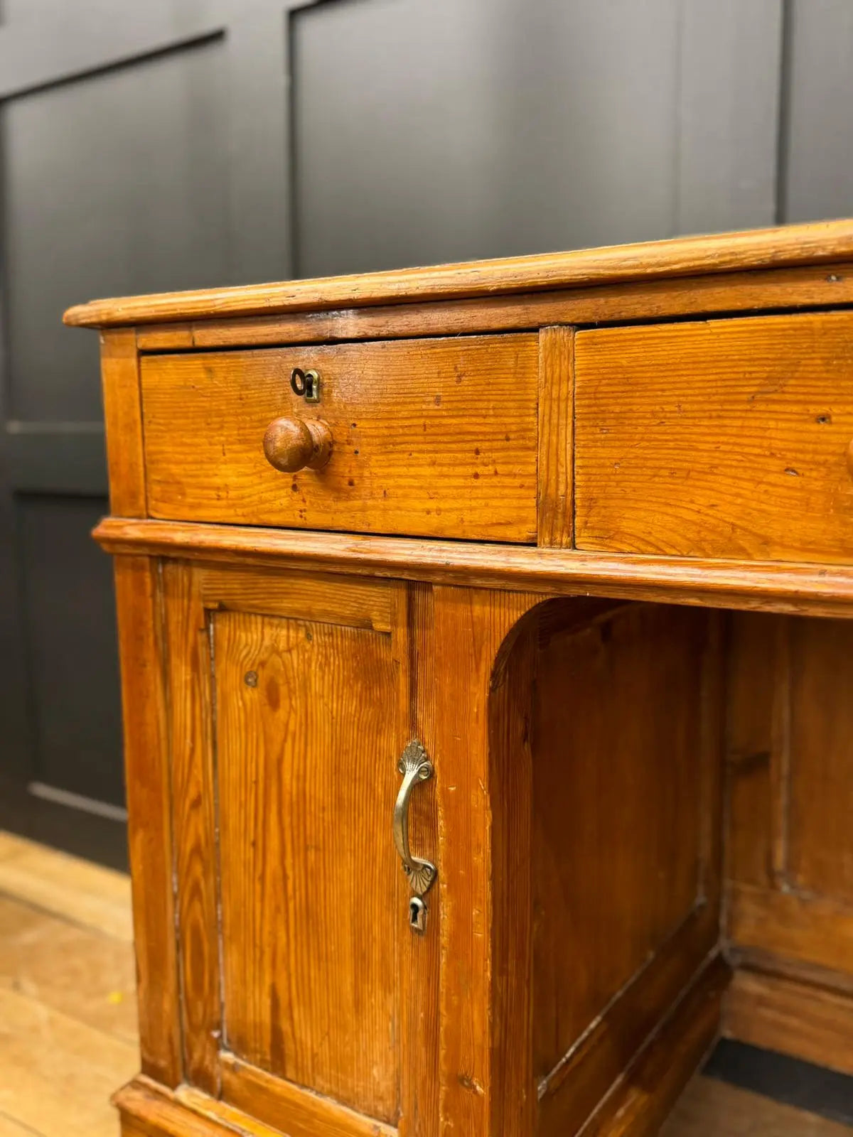Antique Pine Pedestal Desk Dressing Table with Cupboards &amp; Drawers