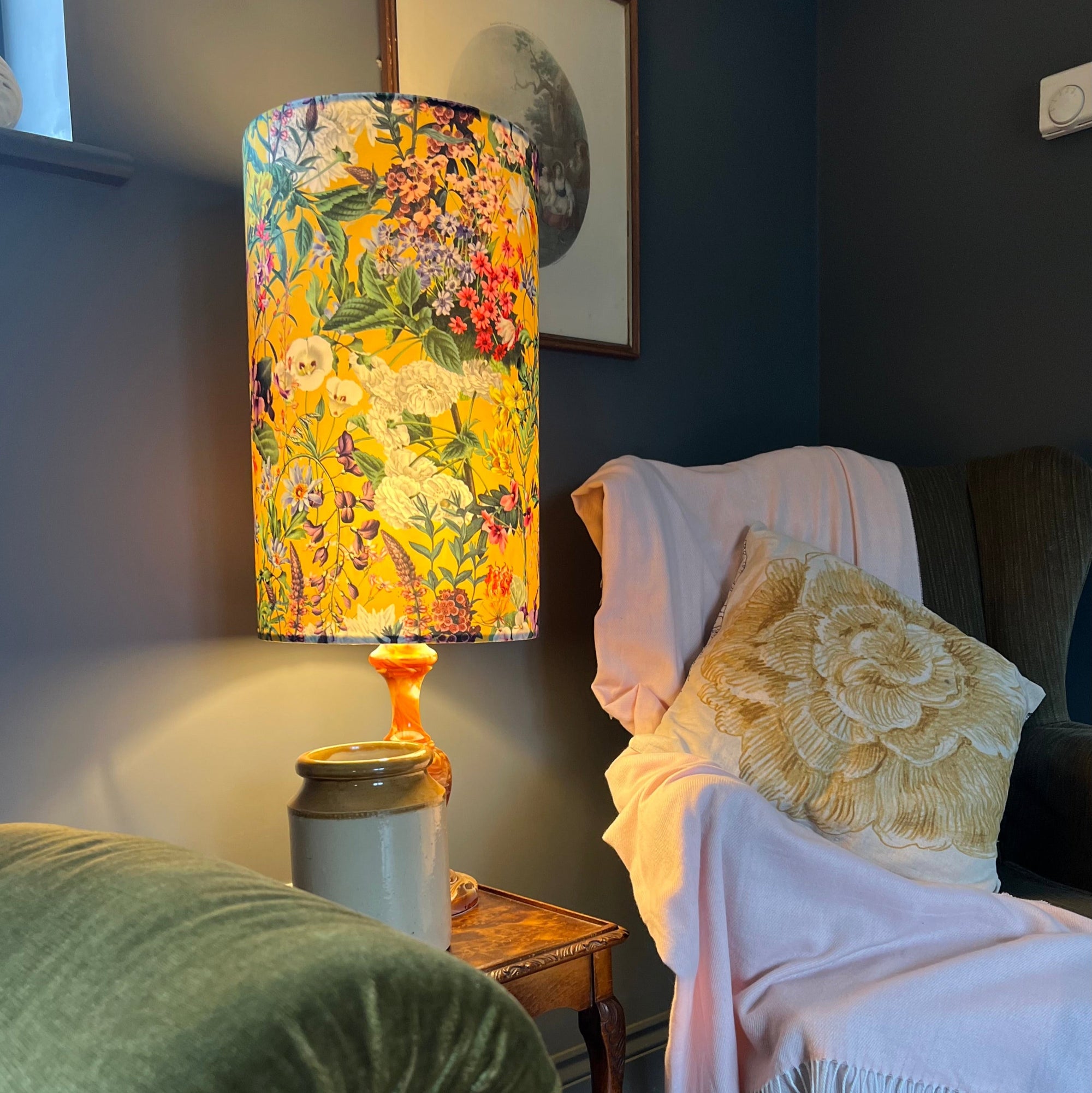 Mustard Flowers Velvet Lampshade | Extra Tall Cylinder Ceiling Light Shade | Bespoke Handmade UK